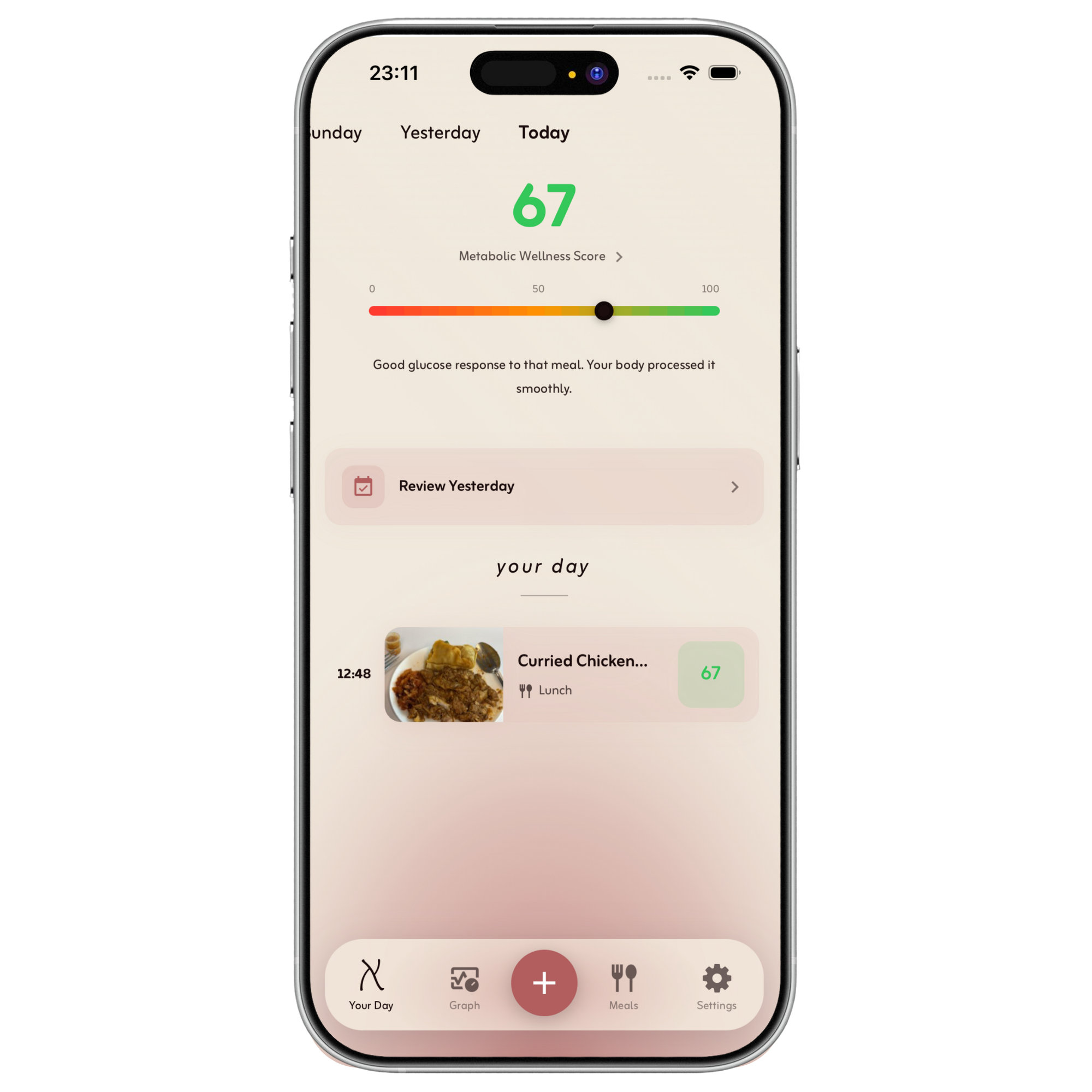 The Yehu app showing a metabolic wellness score and meal insights